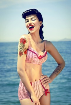 beach girl tattoo retro girl roses on hand