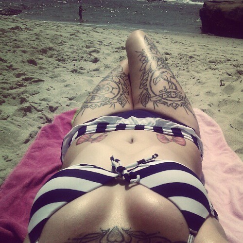 beach girl tattoo ribbons black and white bikini