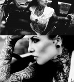 black and white photo girl in car half body tattoo
