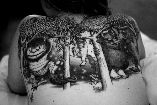 black and white photo where the wild things are back tattoo