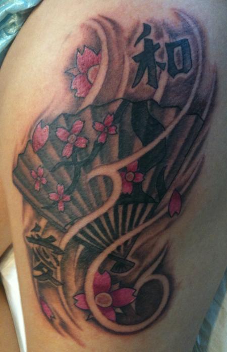fan tattoo pink blossoms