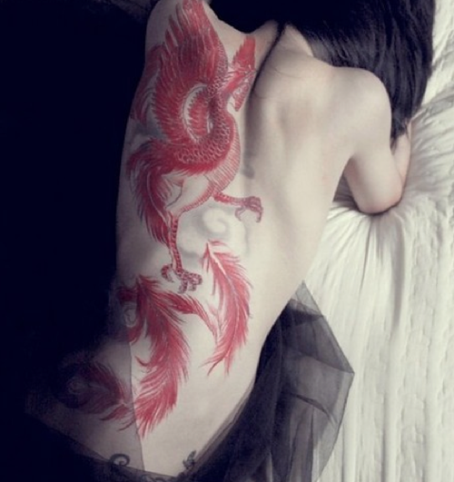 red ink tattoo phoenix on back