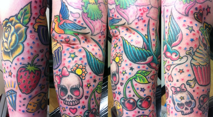 rockabilly tattoo girly sleeve cupcakes sculls birds roses ...