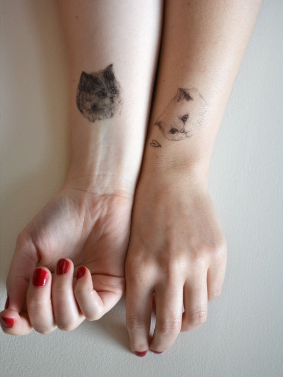 black and white cats tattoo on arms