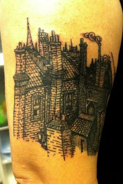 buildings tattoo by black and blue