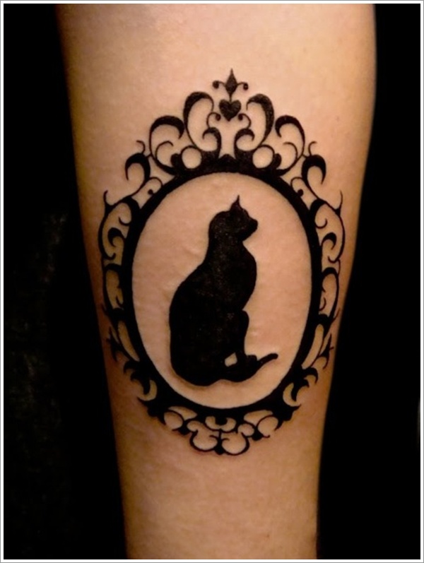 framed cat tattoo blackwork