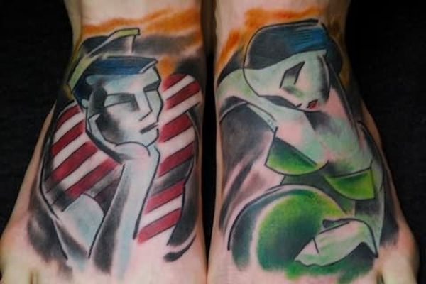 man and woman feet tattoo by bugs