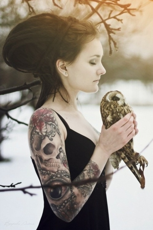 Tattooed Girl With Dreadlocks Holds Owl Winter