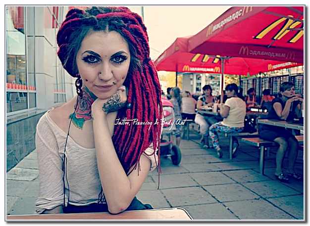 tattooed girl with dreadlocks red haired girl at mcdonalds