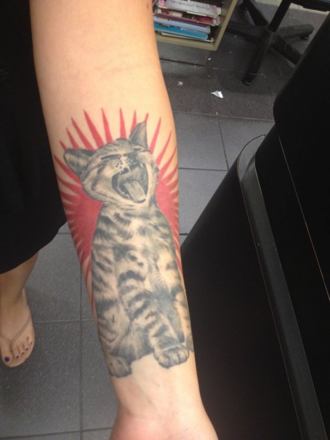 very neat cat tattoo on arm