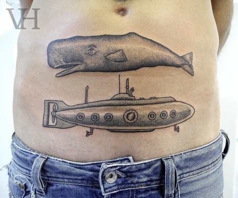 whale and submarine tattoo by valentin hirsch