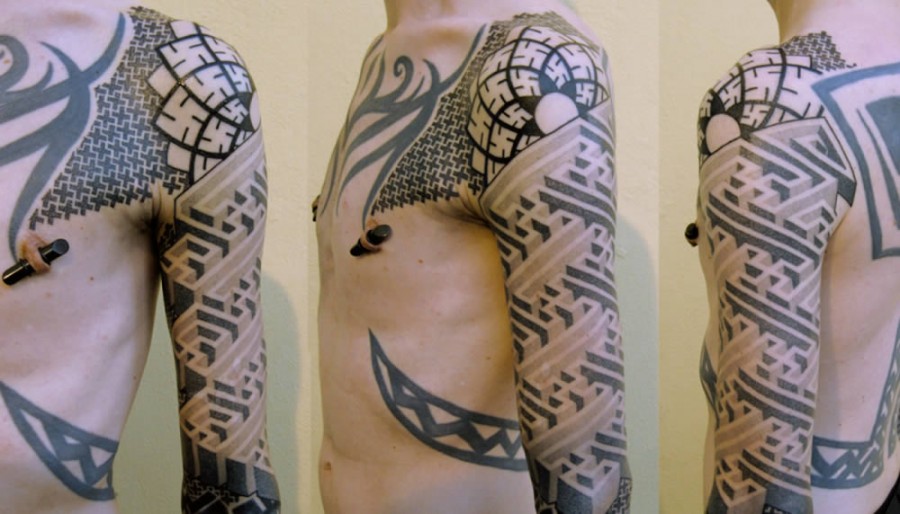 3D geometric tattoo sleeve maze