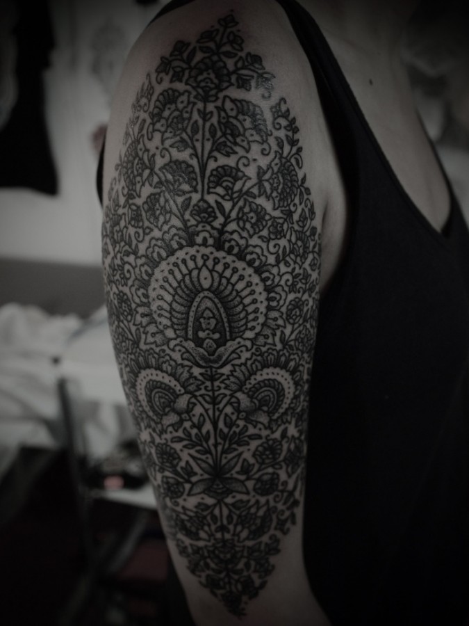 arm sleeve blackwork tattoo by guy le tattooer