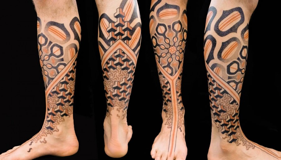 black and orange leg sleeve geometric tattoo