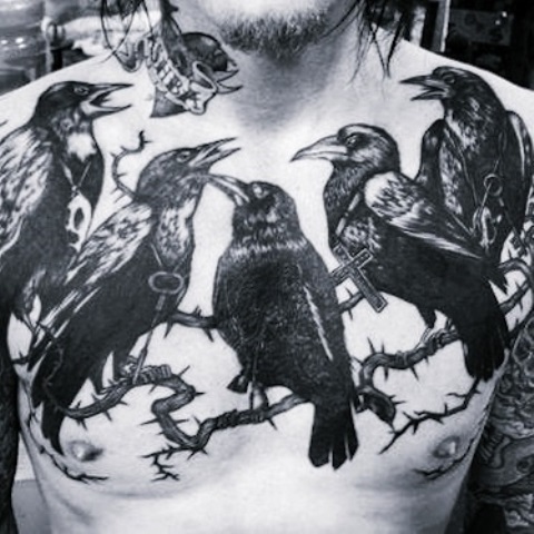 blackwork chest tattoo crows