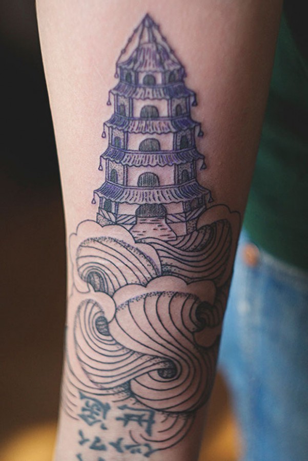 building and waves oriental tattoo by diana katsko
