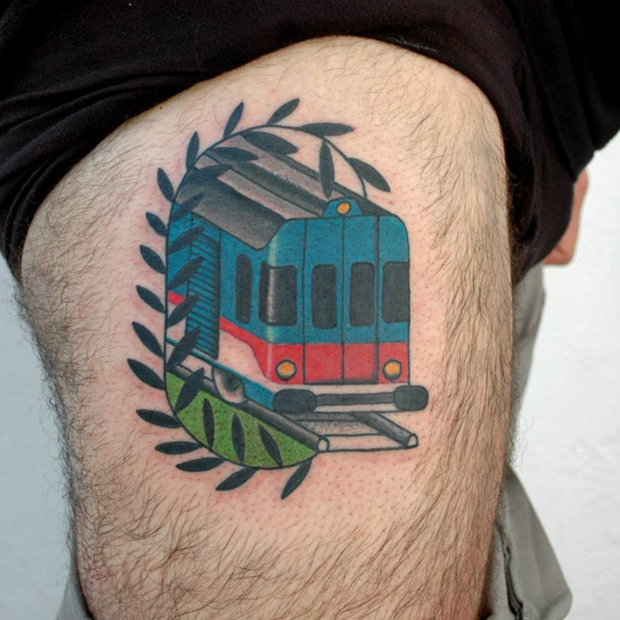 futuristic train tattoo by luca font