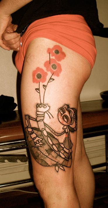 girl with red flowers tattoo by noon