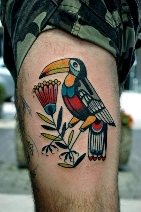 parrot and flower tattoo by luca font
