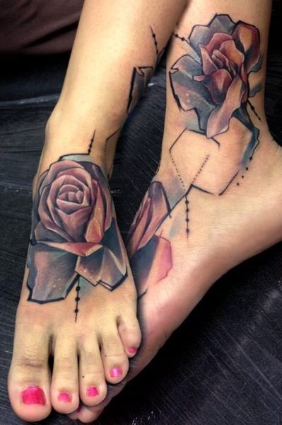 Colorful flowers tattoo on foot