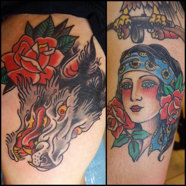 Colorful tattoos by Andy Perez  wolf lady