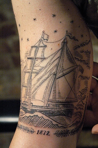 Great ship tattoo by Duke Riley