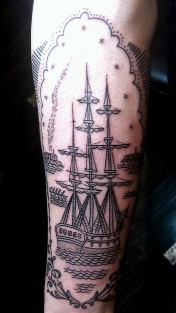Ship tattoo by Duke Riley