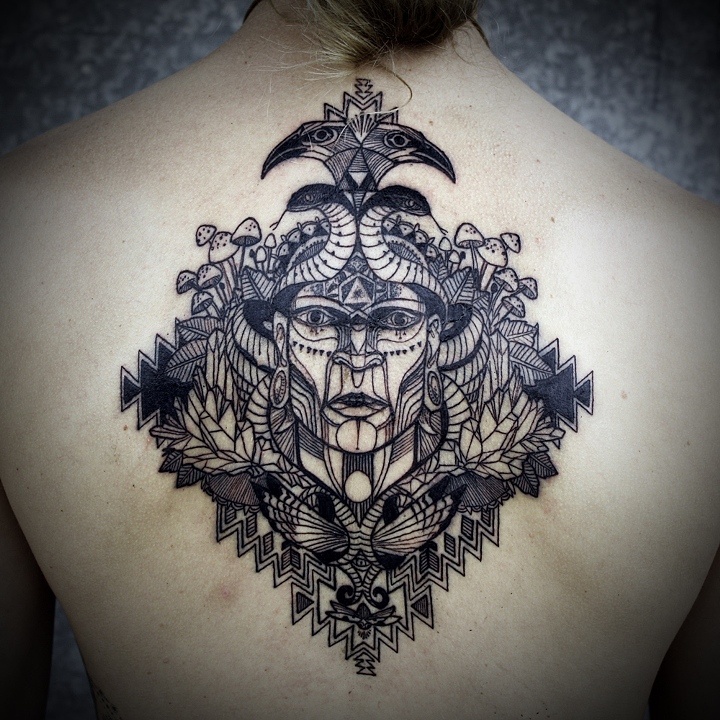 david hale tattoo rhombus back piece with face