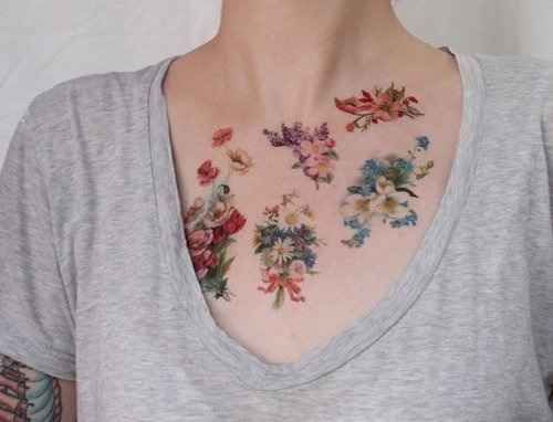 floral bouquets chest tattoo