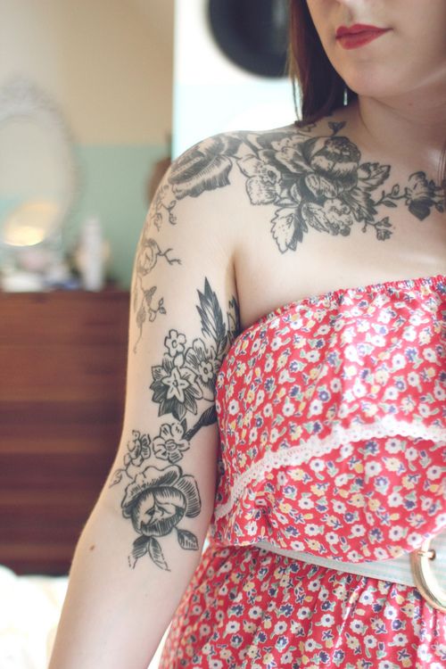 flower tattoos girl with red dress