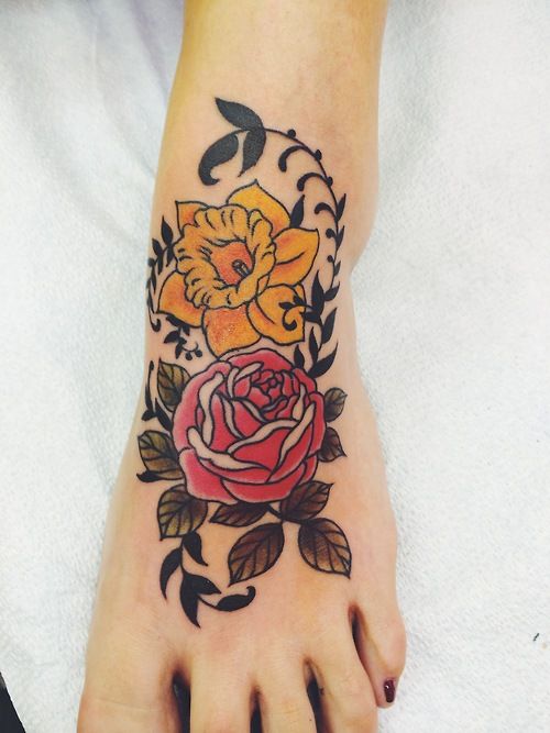 flower tattoos yellow roses on foot