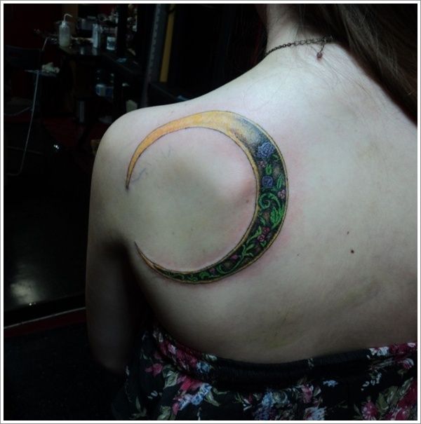 girly tattoo moon on back shoulder