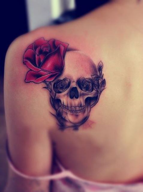 girly tattoo skull with rose on back shoulder
