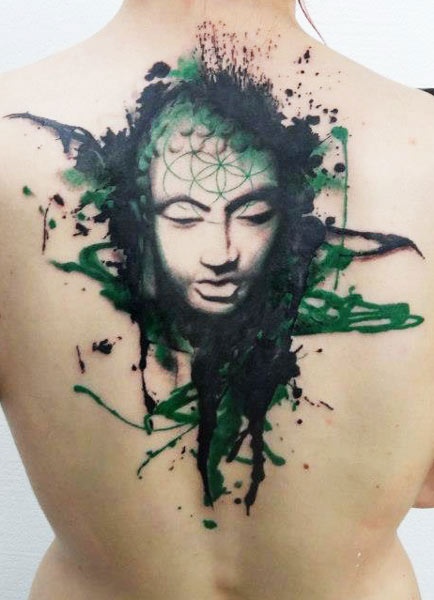 green tattoo watercolor buddha face on back