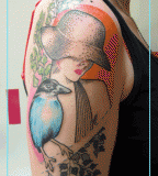 jessica mach tattoo lady with hat and blue bird