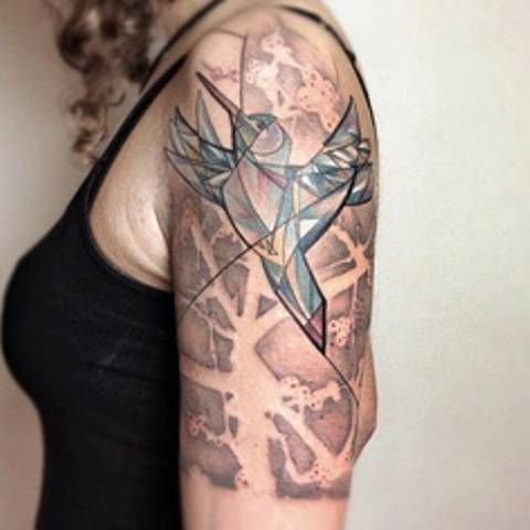 marie kraus tattoo sleeve with humming bird