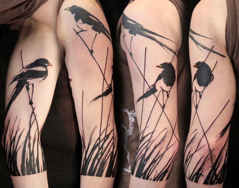 nature tattoo birds blackwork sleeve
