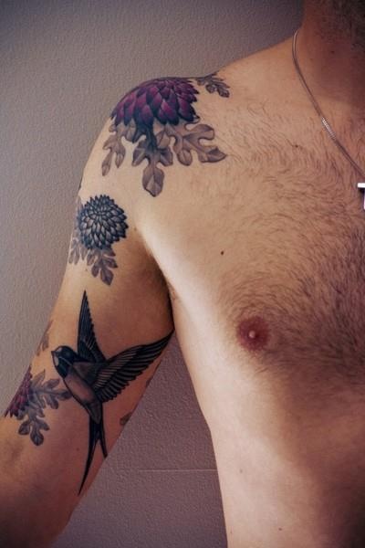 nature tattoo shoulder and arm sleeve flowers and bird