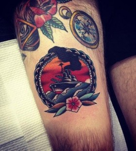 Awesome ship tattoo by Kirk Jones
