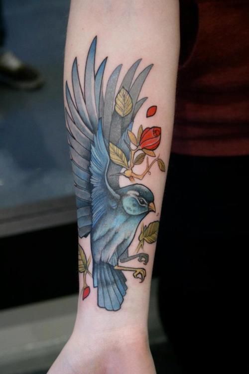Blue bird and red rose tattoo