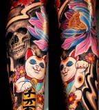 Cat and skull tattoo