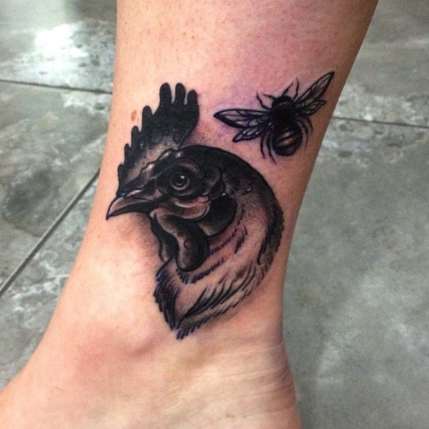 Chicken and bee tattoo by Pari Corbitt