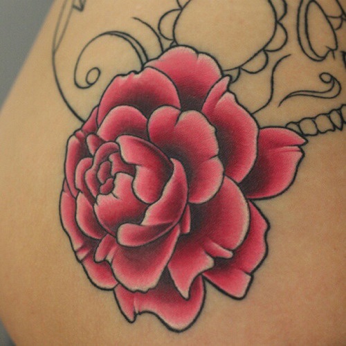 Pink rose tattoo by Michelle Maddison