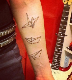 Plane ship and bird origami tattoo