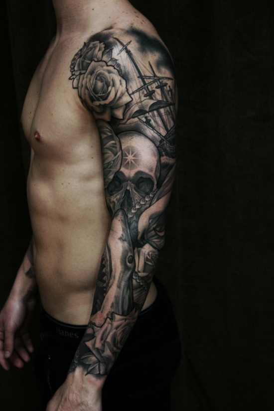 Ships and skull tattoo by James Spencer Briggs