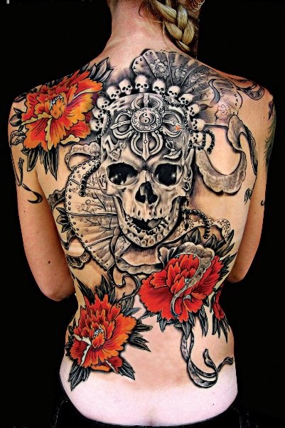 Skull and back tattoo by Volko Merschky