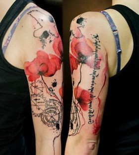 arm tattoo with red flower by klaim