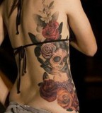 back tattoo design for women roses and girl's skull