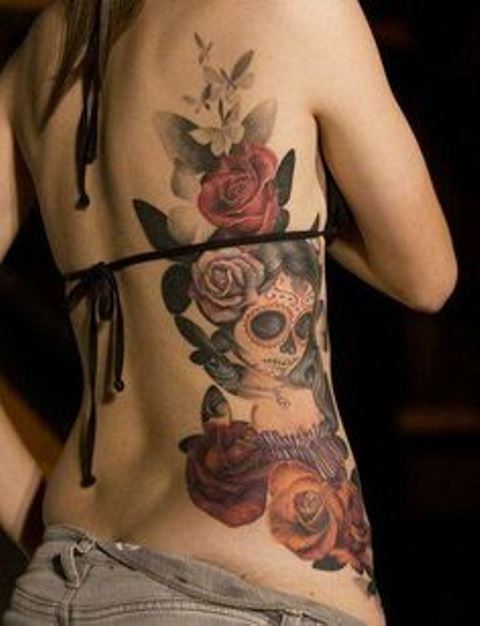 back tattoo design for women roses and girl’s skull