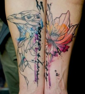 bird and flower tattoo on inside arms by klaim